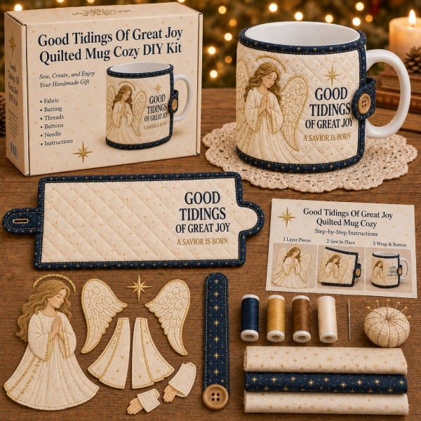 ⏳ Last Day 50% OFF – ✝️ Beginner-Friendly Christmas Faith Mug Cozy Sewing Kit | 6 Christian-Inspired Designs with Fabric Pieces, Batting, Appliqué, Thread, Buttons, Needle & Step-by-Step Guide Included 💕