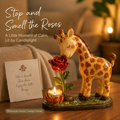 🦒 "Stop and Smell the Roses" – Whimsical Giraffe Ceramic Tealight Candle Holder 🌹