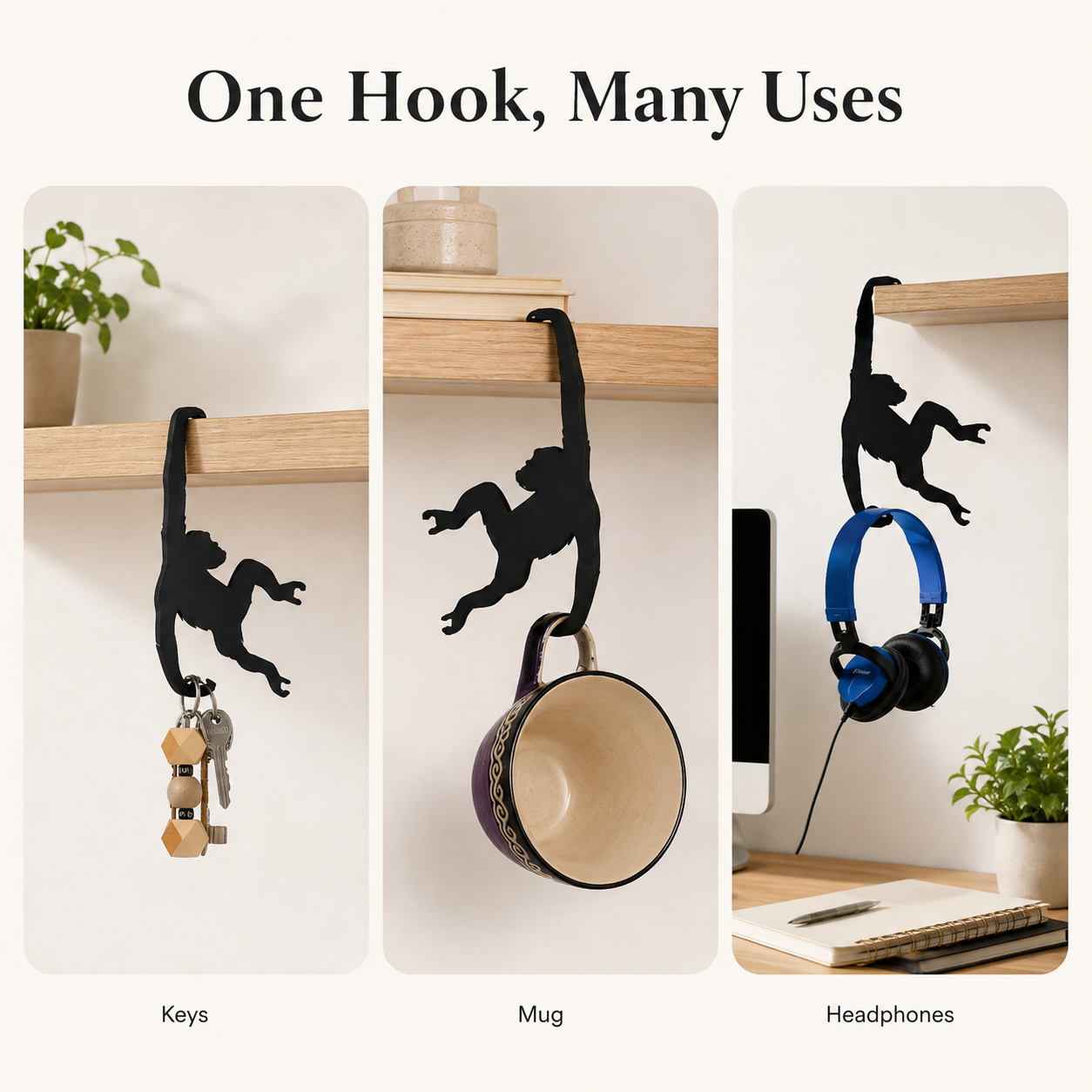 🐵🍌 Monkey Hanger Hooks – 3-Pack Space- Saving Utility Hooks