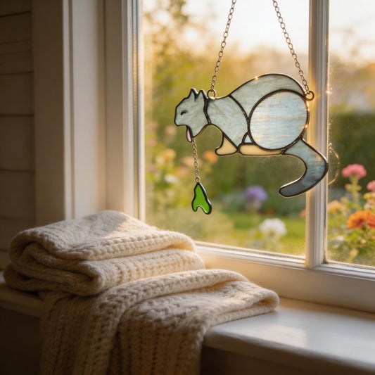 🐱🌈 Puking Cat Stained Glass Suncatcher – Handmade Window Decor Art