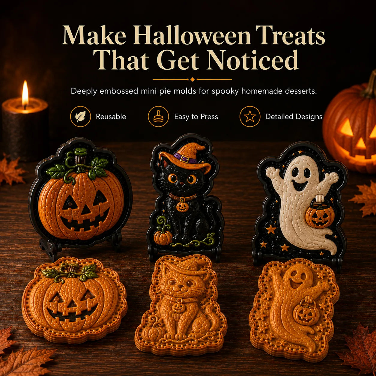🎃 Halloween Mini Pie Mold Collection | Reusable Embossed Molds for Shaping Detailed Pumpkin, Ghost, Reindeer, Tree & Holiday Pies 🥧✨