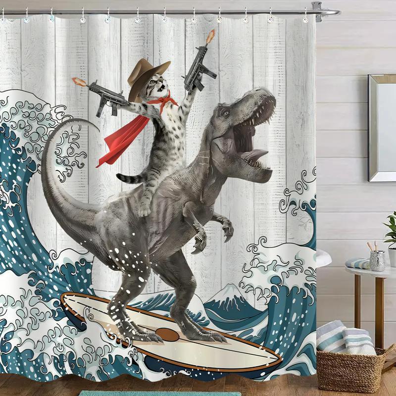 Dinosaur and Cat Pattern Removable Shower Curtain |  Waterproof Bathroom Curtain with 12 Hooks