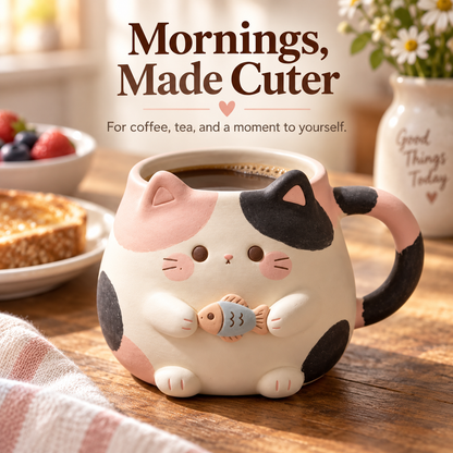 Chubby Calico Cat Mug with Fish 🐱🐟