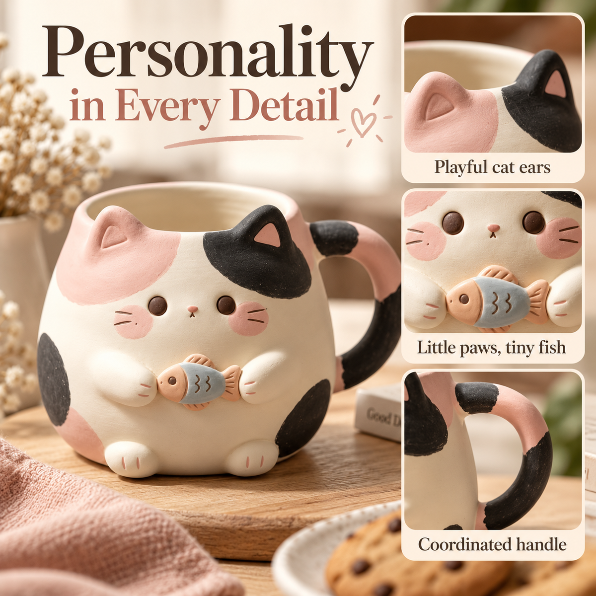 Chubby Calico Cat Mug with Fish 🐱🐟