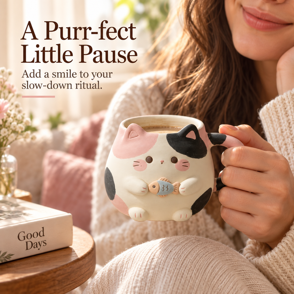 Chubby Calico Cat Mug with Fish 🐱🐟