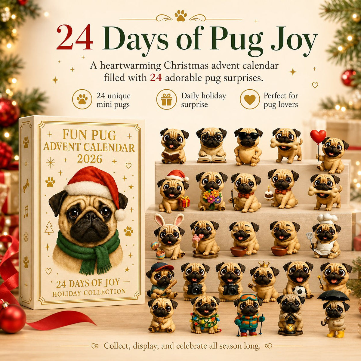 ⏳ Last Day 49% OFF – 🐾 24-Day Pug Christmas Surprise Advent Calendar | 24 Unique Mini Pug Figures for Daily Holiday Reveals, Collecting & Display 🎄✨