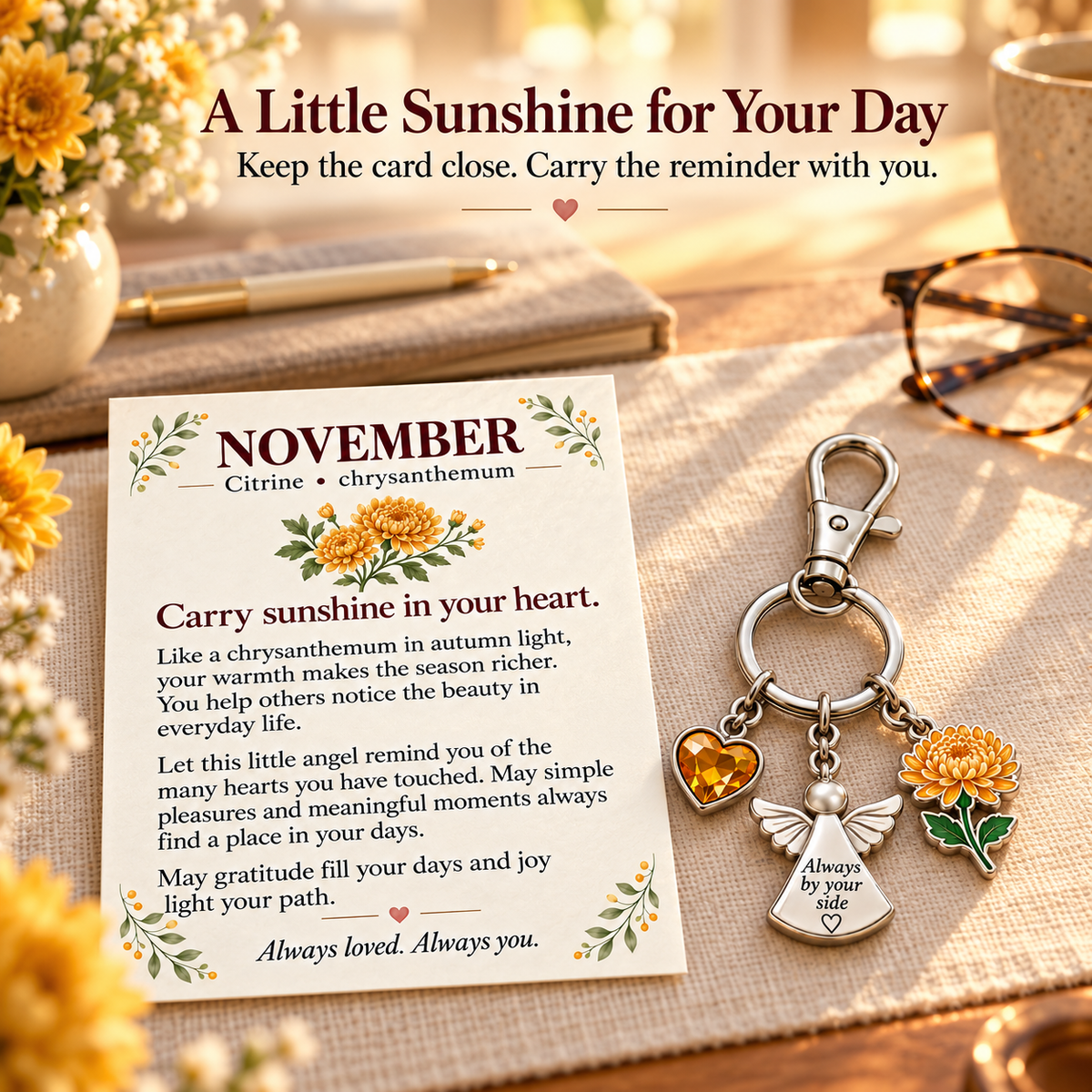 ⏳ Last Day 50% OFF —👼 Always By Your Side: Birth Month Angel & Flower Keychain + Keepsake Card 🌸