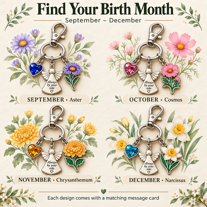 ⏳ Last Day 50% OFF —👼 Always By Your Side: Birth Month Angel & Flower Keychain + Keepsake Card 🌸