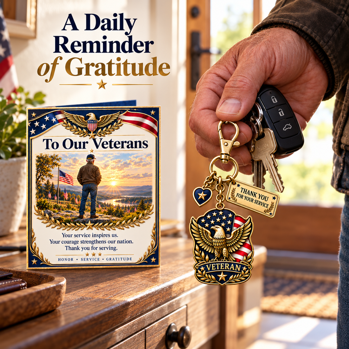 "Thank You For Your Service" Patriotic Veteran Keychain with Appreciation Card