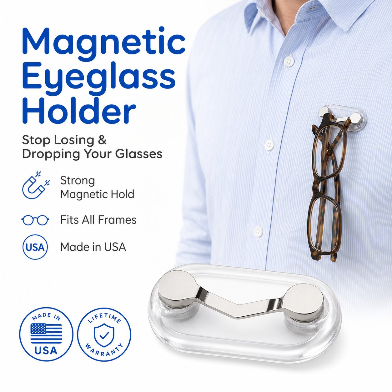 🧲 Magnetic Eyeglass Holder Clip, Universal Glasses Hanger for Readers, Blue Light Glasses & Sunglasses, No More Lost Eyewear