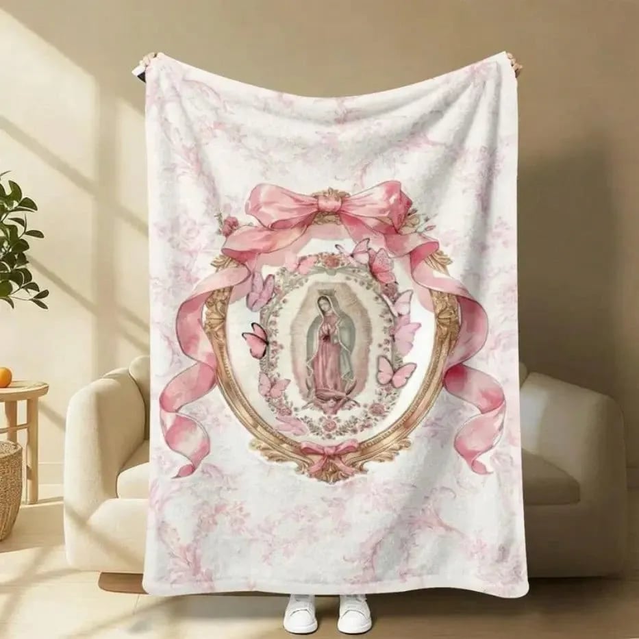 🕊️Virgin Mary Guadalupe Blanket ✨ Soft Flannel Throw Blanket with Pink Bow Design For Home & Gift