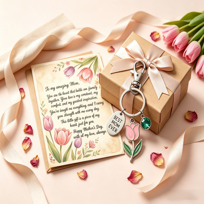 💐 "To My Amazing Mom" Tulip Birthstone Keychain | Mother’s Day Gift Set