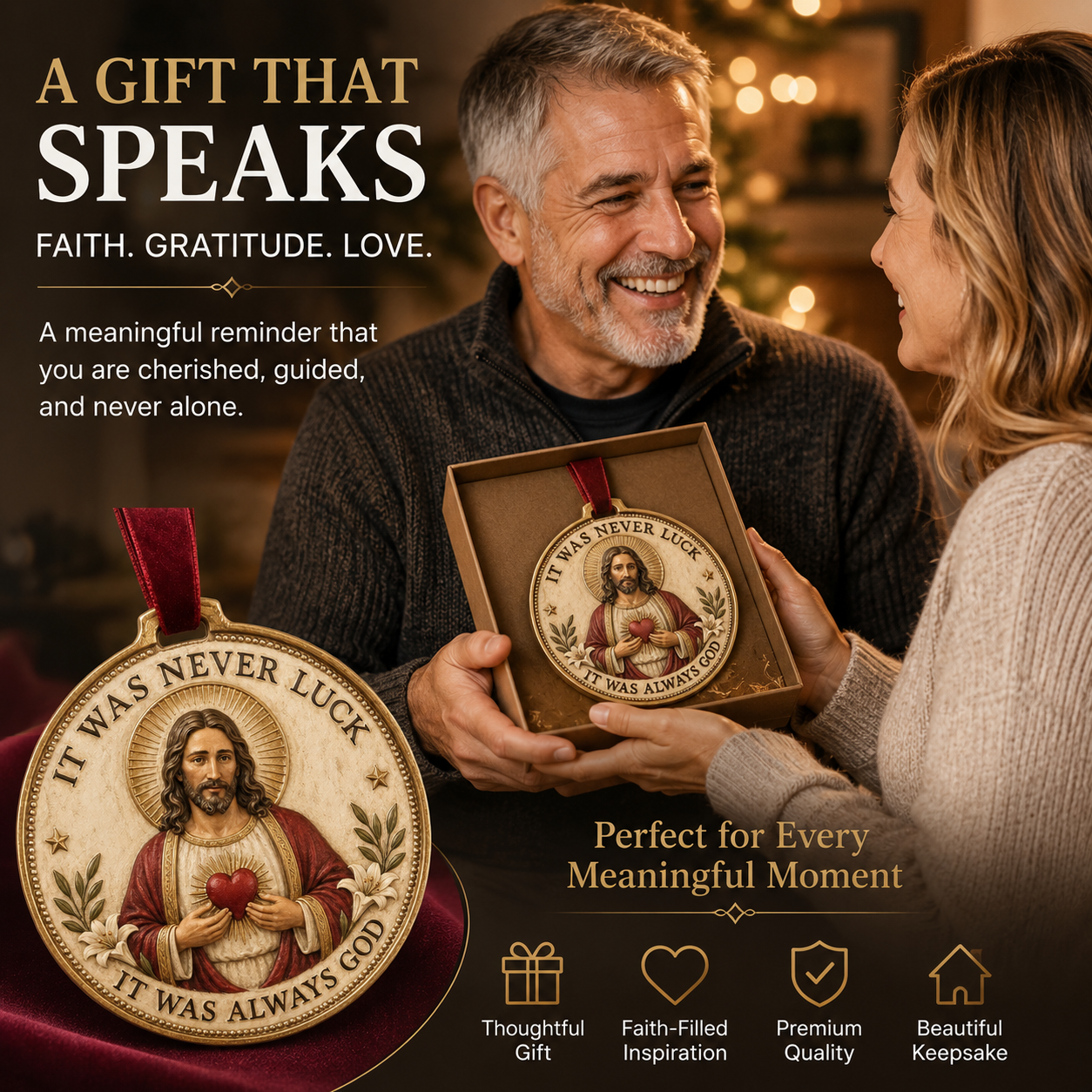 ✨ "It Was Never Luck, It Was Always God" – Vintage Sacred Heart Jesus Keepsake Ornament 🕊️