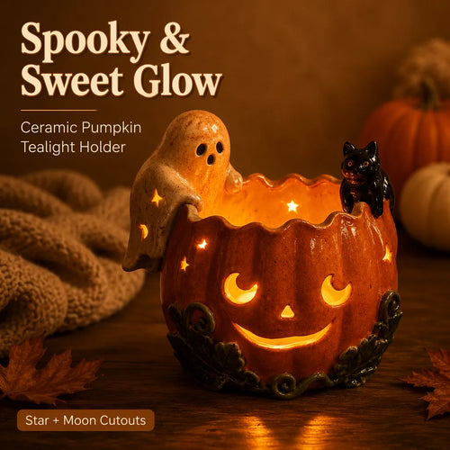 Handmade Ceramic Pumpkin Bowl, Ghost Cat Jack O Lantern Candle Holder, Halloween Tealight Centerpiece, Fall Shelf Decor