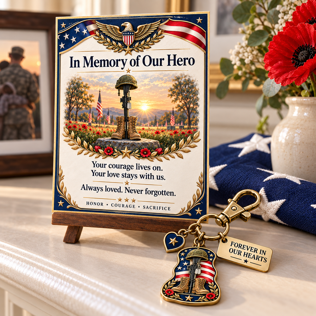 🇺🇸 "In Memory of Our Hero" Memorial Keychain &amp; Keepsake Card Set | Military Remembrance Gift