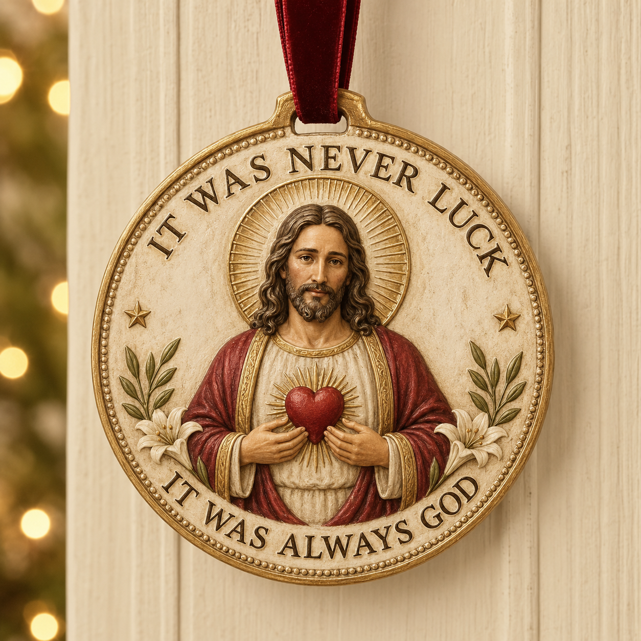 ✨ "It Was Never Luck, It Was Always God" – Vintage Sacred Heart Jesus Keepsake Ornament 🕊️