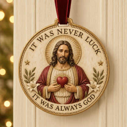 ✨ "It Was Never Luck, It Was Always God" – Vintage Sacred Heart Jesus Keepsake Ornament 🕊️