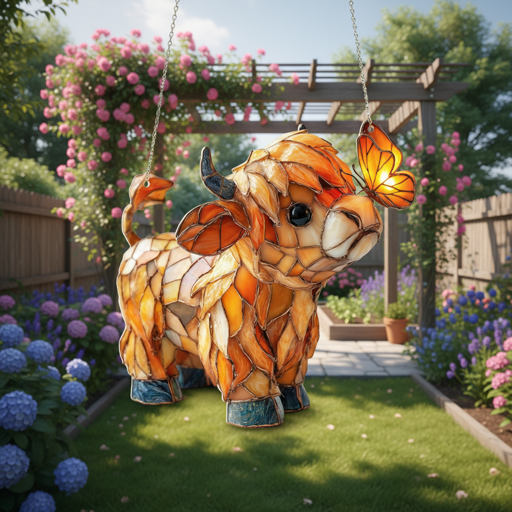 Highland Cow Butterfly Suncatcher| Stained Glass StyleWindow Hanging