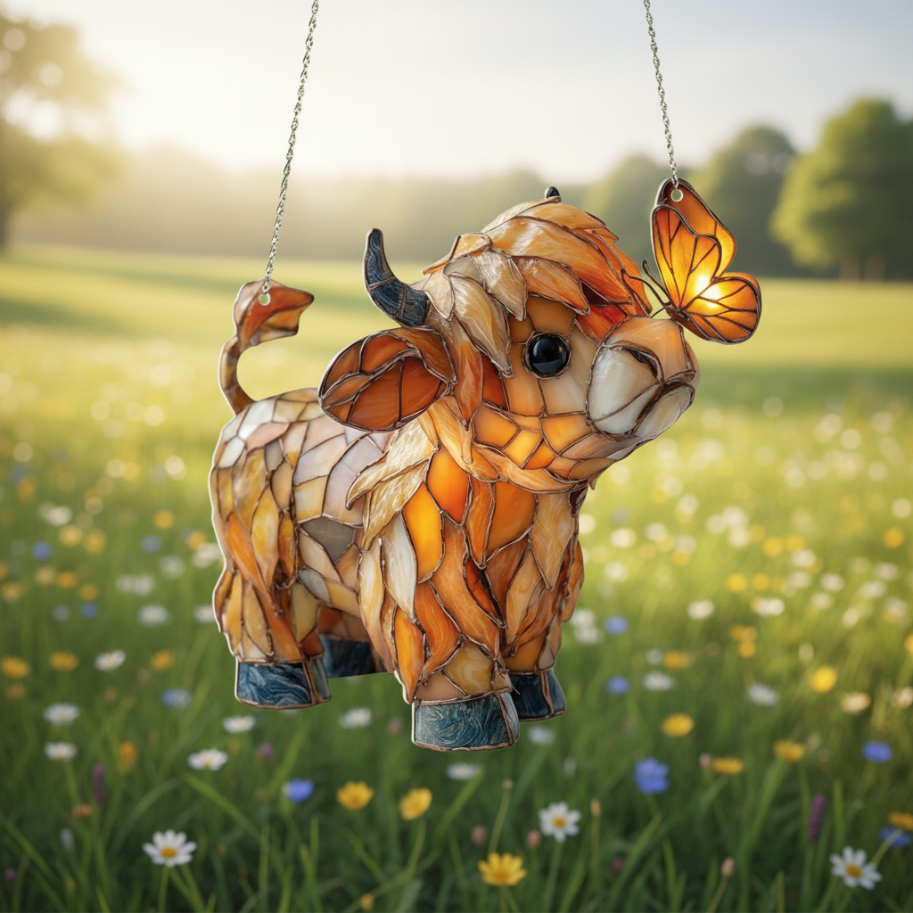Highland Cow Butterfly Suncatcher| Stained Glass StyleWindow Hanging