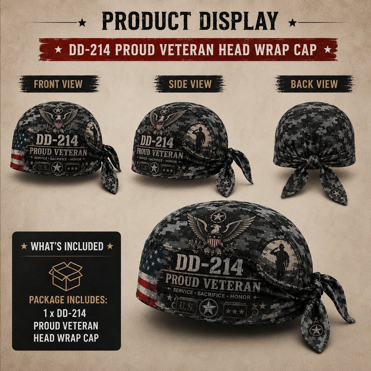 Veteran DD-214 Camouflage Print Cycling Pirate Hat / Biker Headwrap
