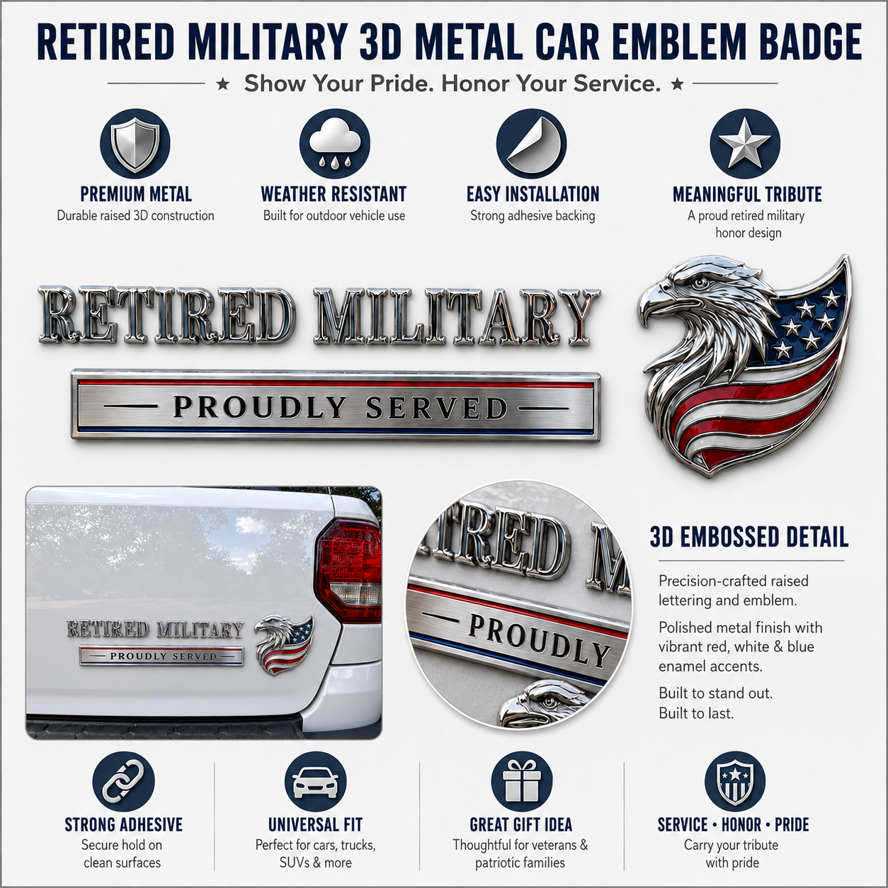 🇺🇸 Retired Military Proudly Served Eagle Car Emblem Metal Badge