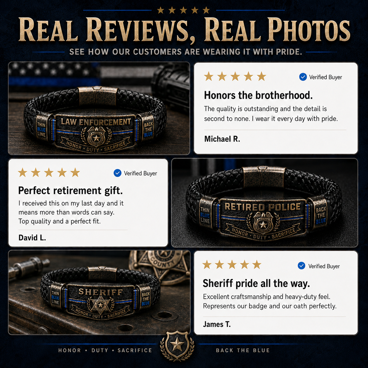 👮 Police Officer Tribute Leather Bracelet – Honor • Duty • Sacrifice