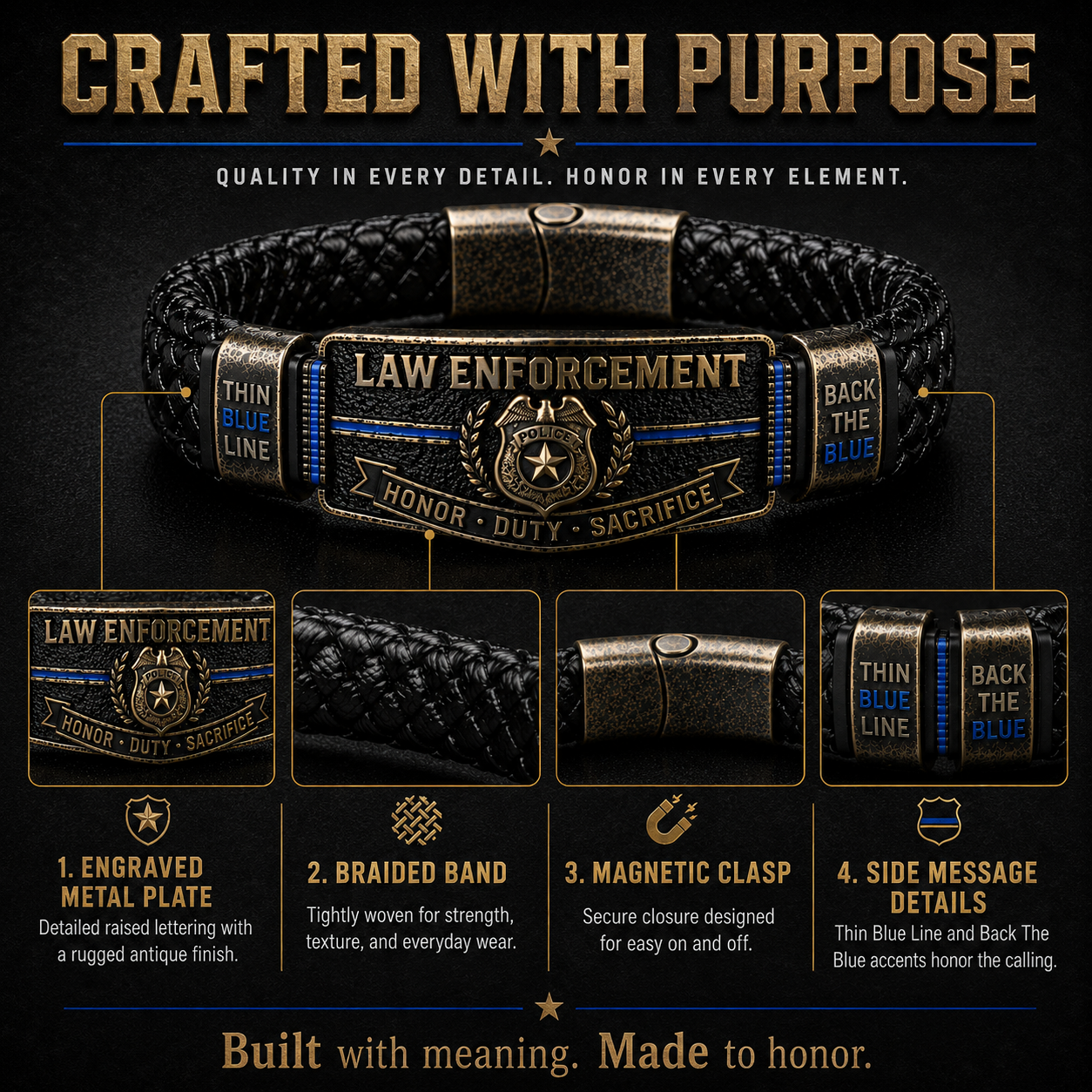 👮 Police Officer Tribute Leather Bracelet – Honor • Duty • Sacrifice
