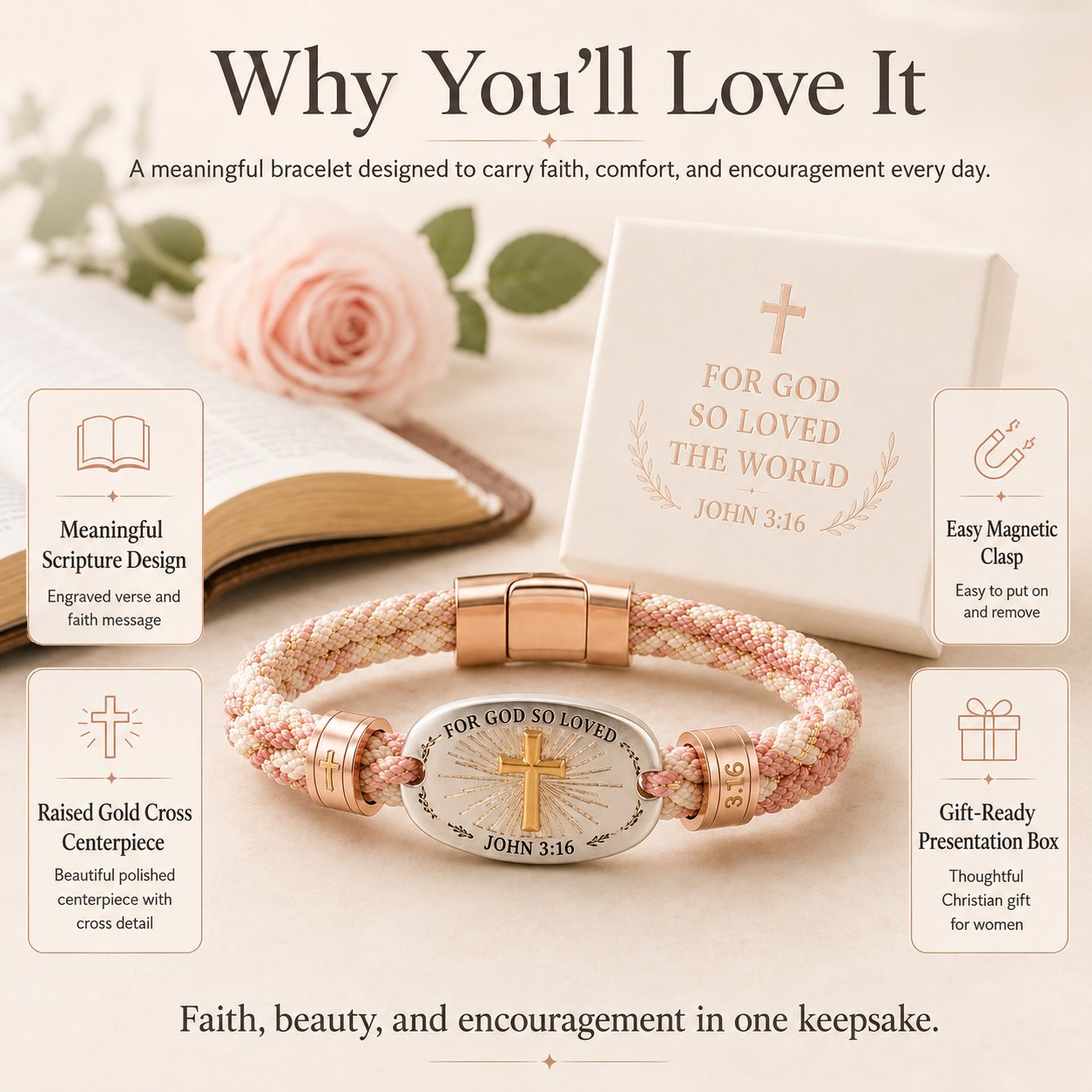 🔥 ✝️ Christian Scripture Faith Bracelet Collection | 6 Meaningful Bible Verse Designs with Raised Gold Cross & Magnetic Clasp   💗✨