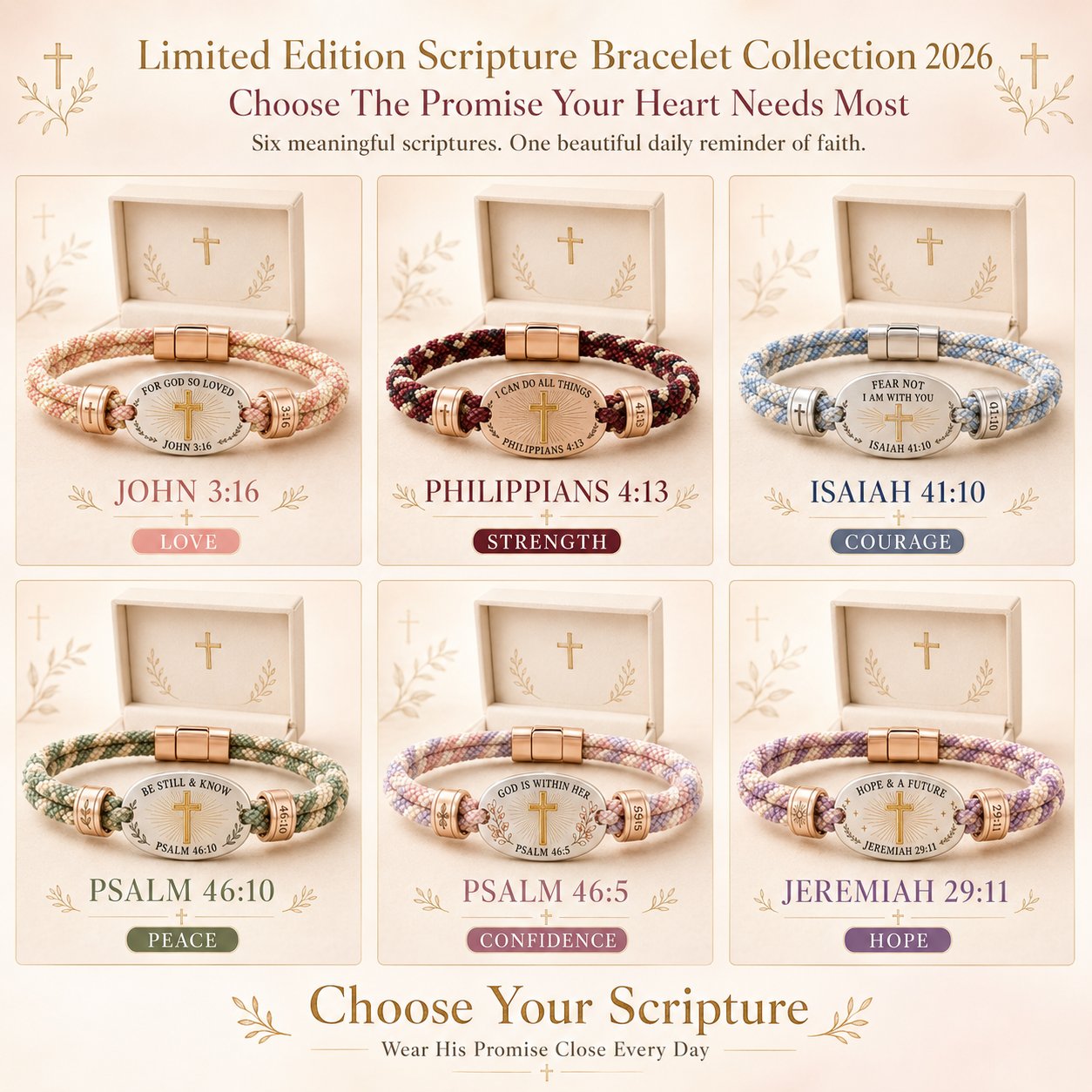 🔥 ✝️ Christian Scripture Faith Bracelet Collection | 6 Meaningful Bible Verse Designs with Raised Gold Cross & Magnetic Clasp   💗✨