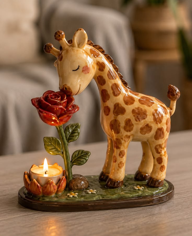 🦒 "Stop and Smell the Roses" – Whimsical Giraffe Ceramic Tealight Candle Holder 🌹