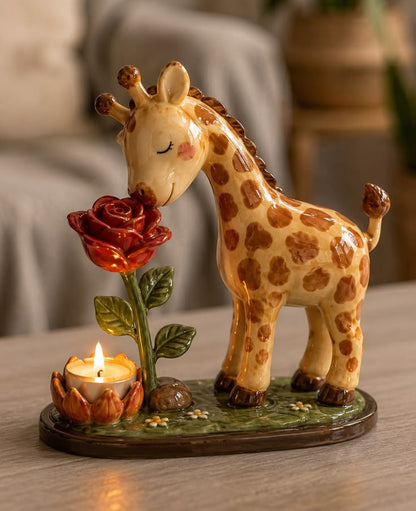 🦒 "Stop and Smell the Roses" – Whimsical Giraffe Ceramic Tealight Candle Holder 🌹