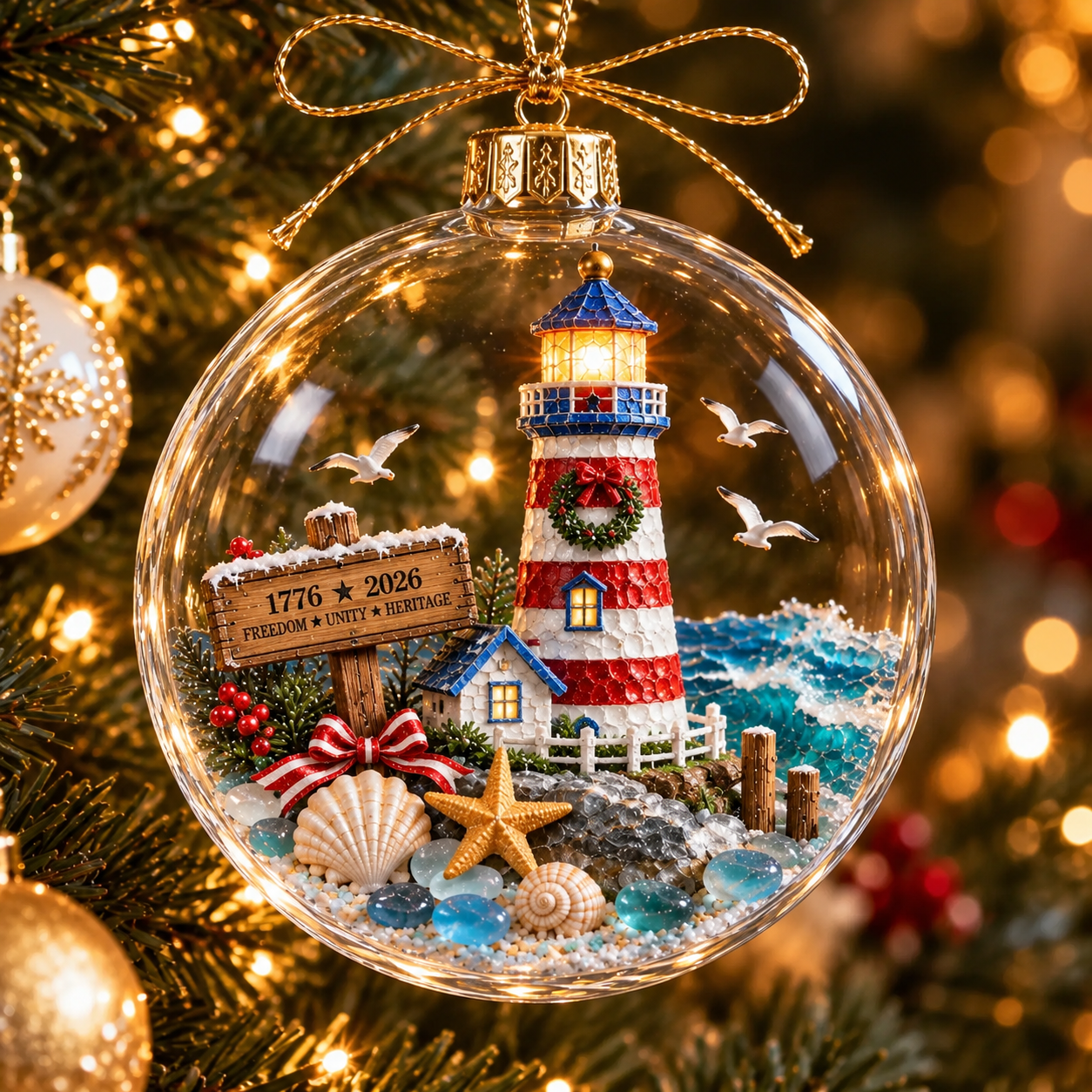 🇺🇸 250th Anniversary Patriotic Coastal Ornament – USA Christmas Hanging Keepsake