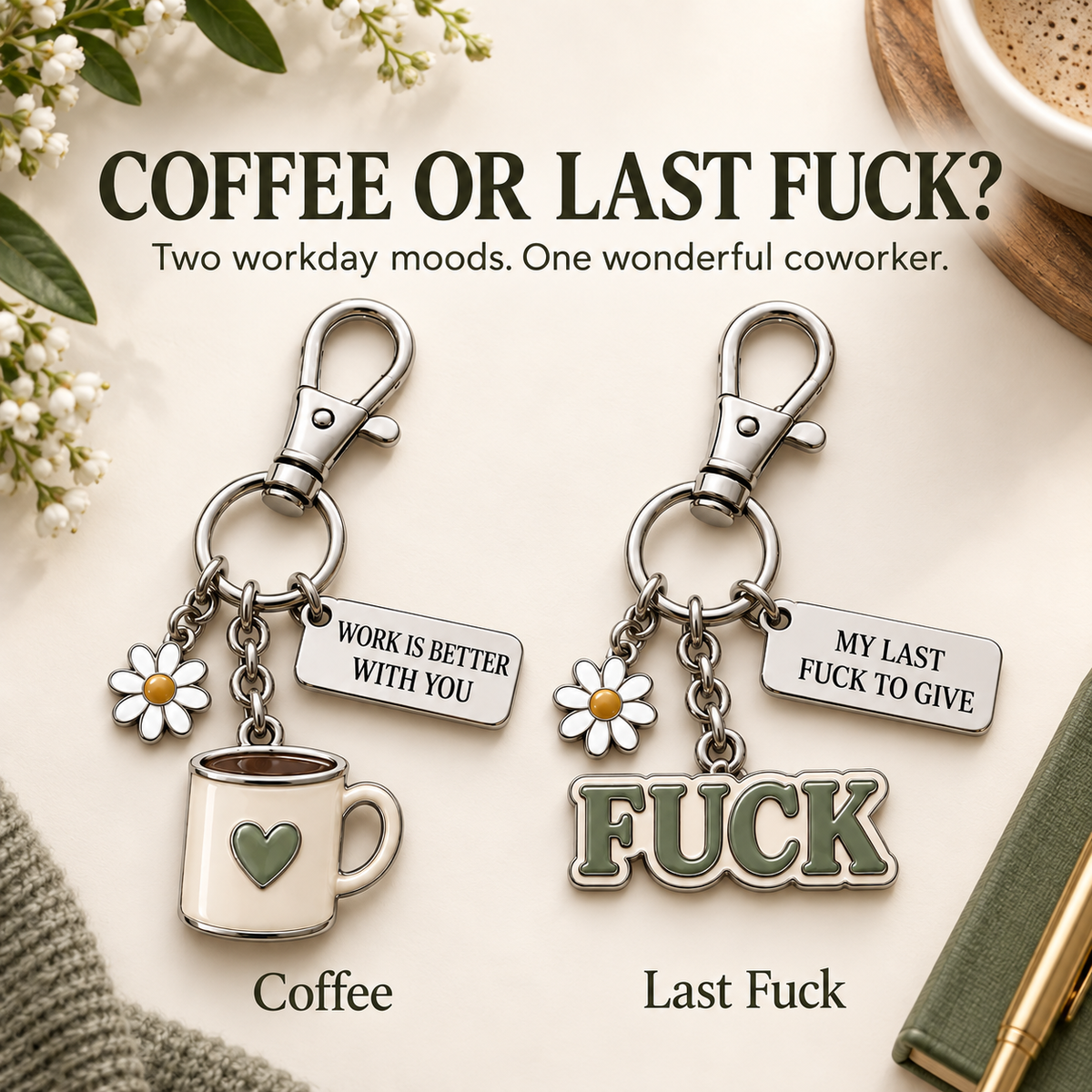 ☕ Coffee or Last Fuck? 😂 Coworker Keychains & Message Cards