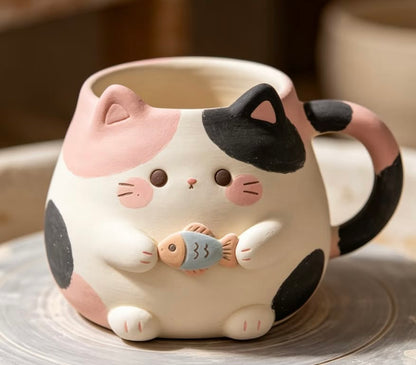 Chubby Calico Cat Mug with Fish 🐱🐟