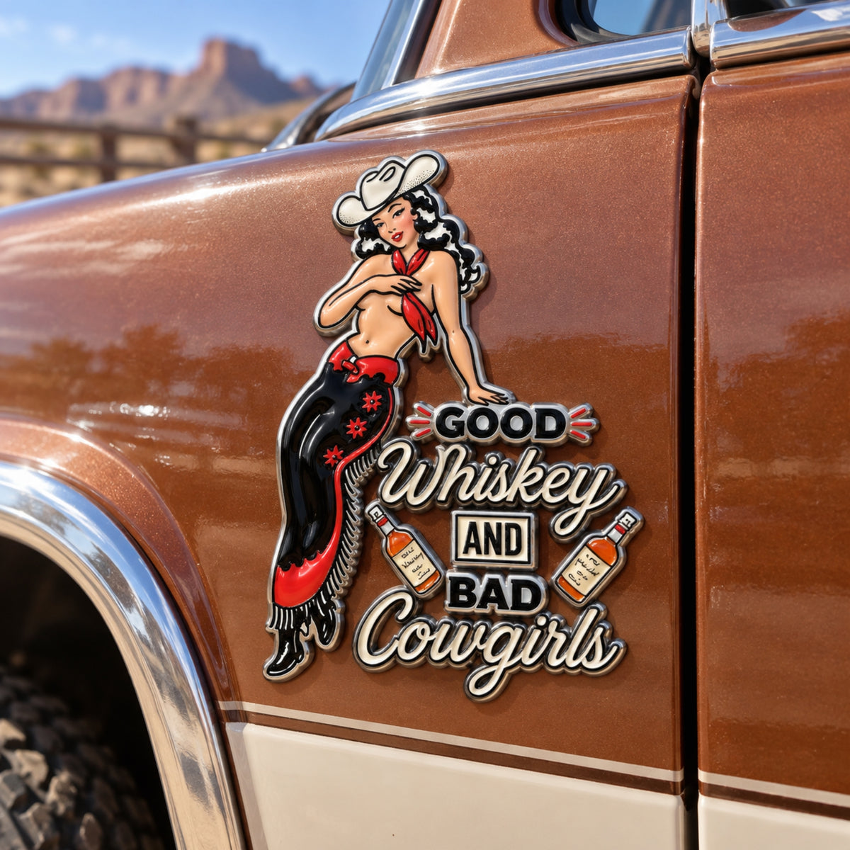 🤠🐎 “Good Whiskey and Bad Cowgirls” Vintage Western Cowgirl Metal Car Emblem