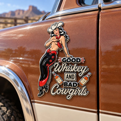 🤠🐎 “Good Whiskey and Bad Cowgirls” Vintage Western Cowgirl Metal Car Emblem