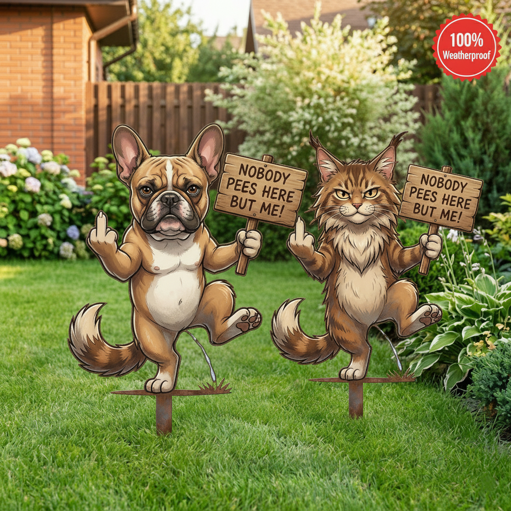 "Nobody Pees Here But Me!" Hilarious Metal Yard Stake - Turf Defender (Frenchie & Fluffy Cat Editions)