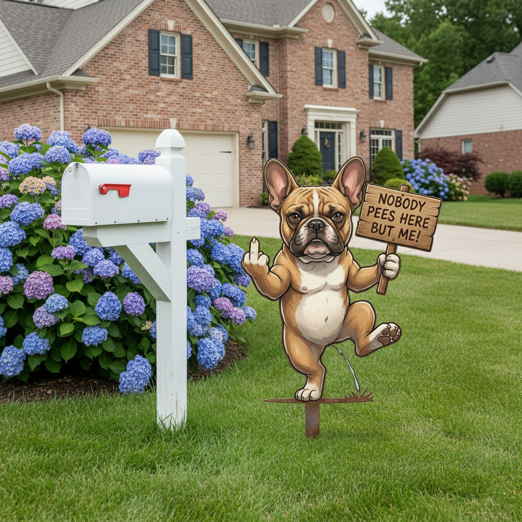"Nobody Pees Here But Me!" Hilarious Metal Yard Stake - Turf Defender (Frenchie & Fluffy Cat Editions)