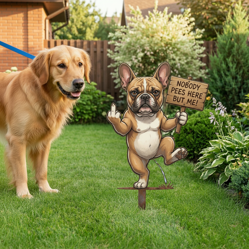 "Nobody Pees Here But Me!" Hilarious Metal Yard Stake - Turf Defender (Frenchie & Fluffy Cat Editions)
