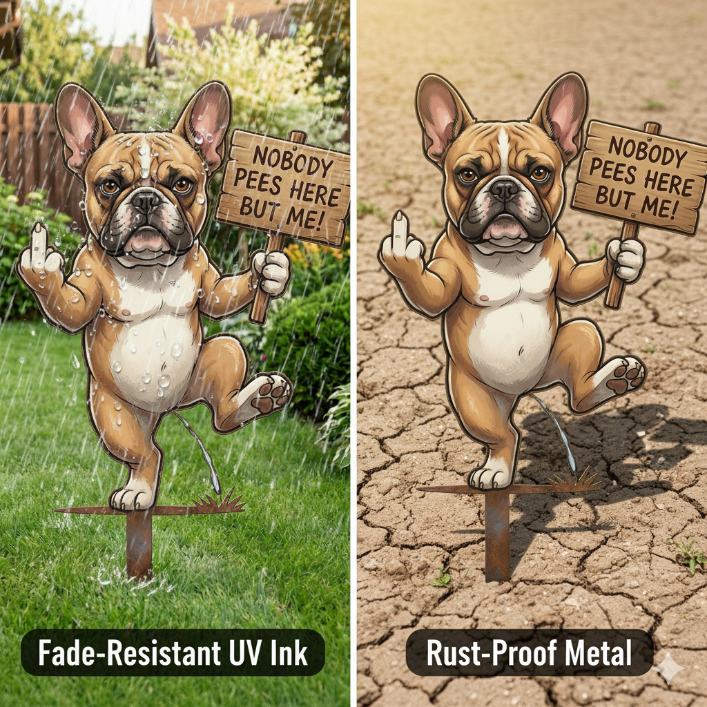 "Nobody Pees Here But Me!" Hilarious Metal Yard Stake - Turf Defender (Frenchie & Fluffy Cat Editions)