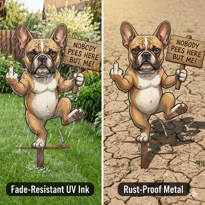 "Nobody Pees Here But Me!" Hilarious Metal Yard Stake - Turf Defender (Frenchie & Fluffy Cat Editions)