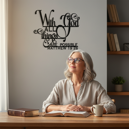 «Con Dios todo es posible» Cuadro metálico decorativo | Letrero con versículo bíblico de Mateo 19:26 | Elegante decoración cristiana para el hogar