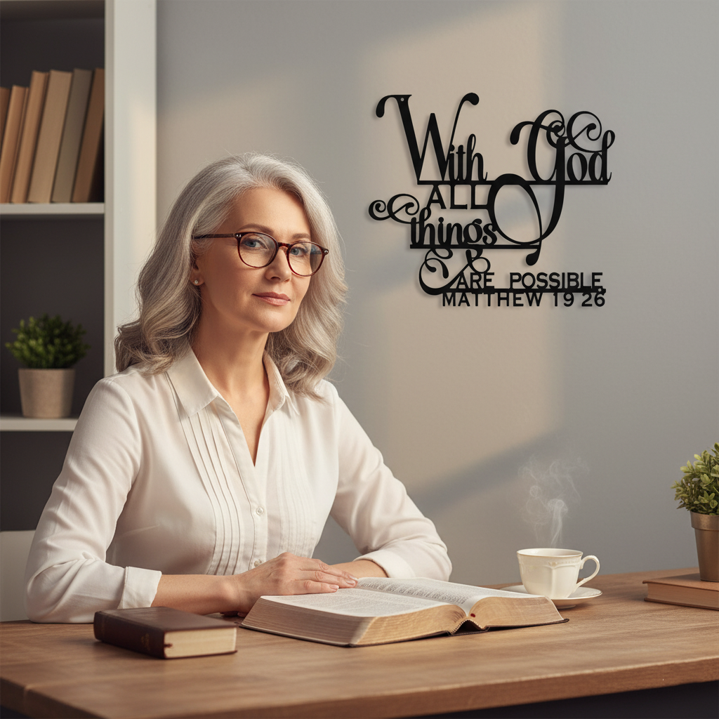 «Con Dios todo es posible» Cuadro metálico decorativo | Letrero con versículo bíblico de Mateo 19:26 | Elegante decoración cristiana para el hogar