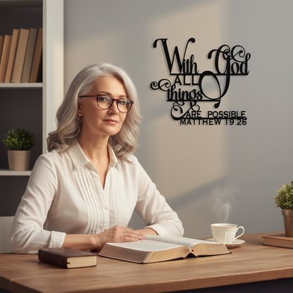 «Con Dios todo es posible» Cuadro metálico decorativo | Letrero con versículo bíblico de Mateo 19:26 | Elegante decoración cristiana para el hogar