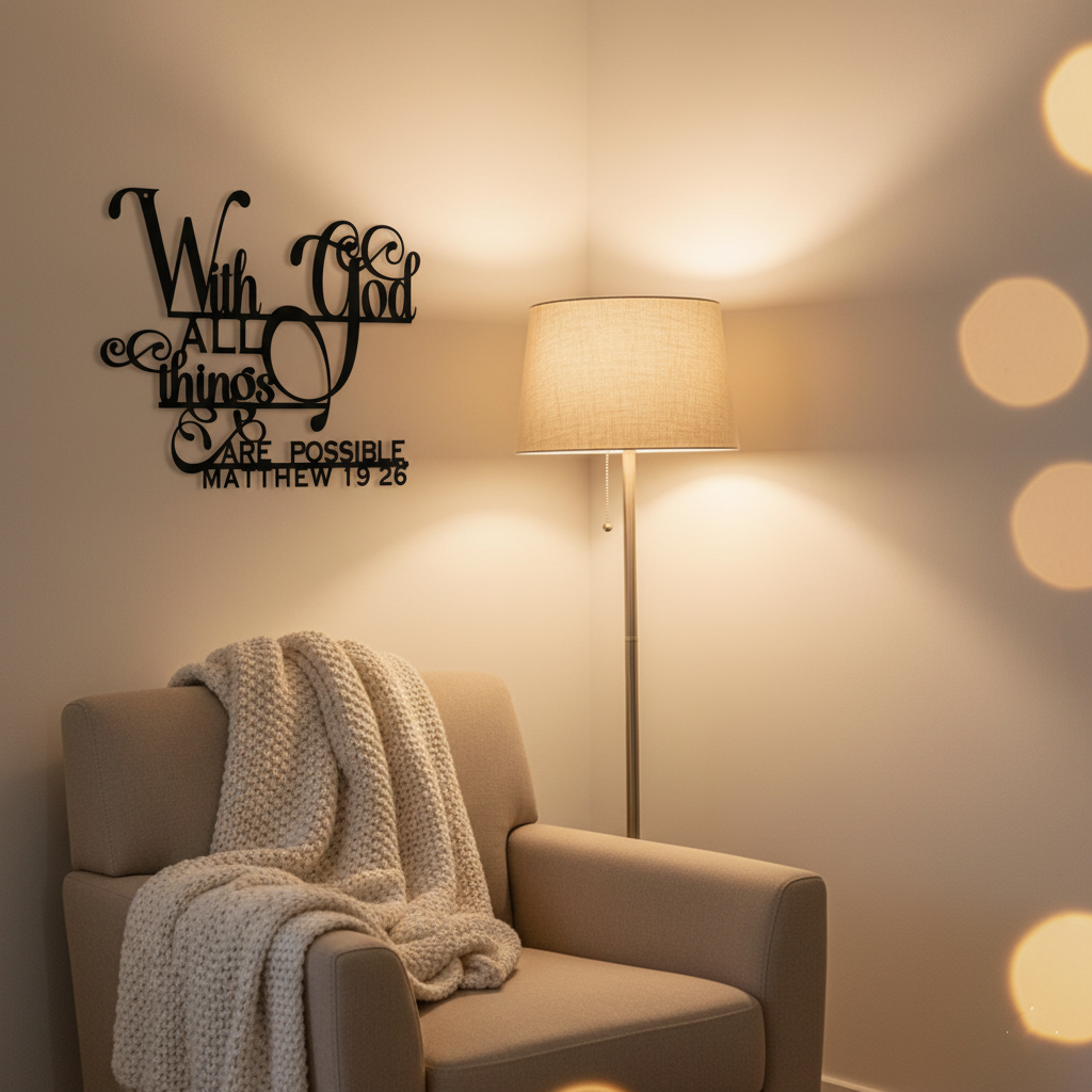 «Con Dios todo es posible» Cuadro metálico decorativo | Letrero con versículo bíblico de Mateo 19:26 | Elegante decoración cristiana para el hogar