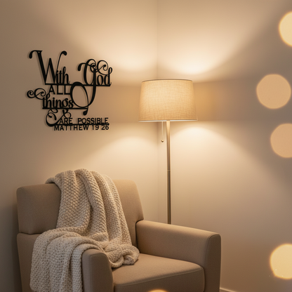 «Con Dios todo es posible» Cuadro metálico decorativo | Letrero con versículo bíblico de Mateo 19:26 | Elegante decoración cristiana para el hogar