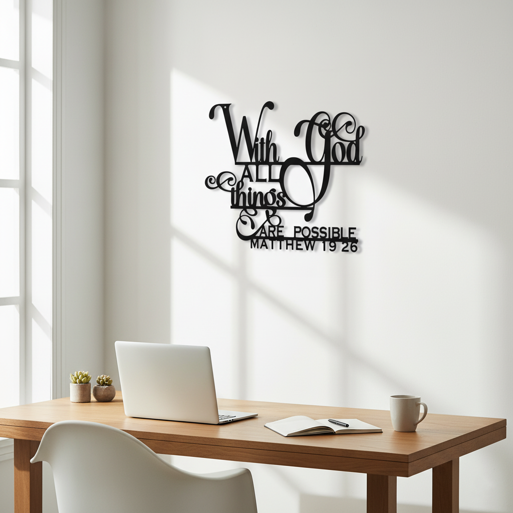 «Con Dios todo es posible» Cuadro metálico decorativo | Letrero con versículo bíblico de Mateo 19:26 | Elegante decoración cristiana para el hogar