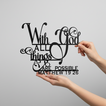 «Con Dios todo es posible» Cuadro metálico decorativo | Letrero con versículo bíblico de Mateo 19:26 | Elegante decoración cristiana para el hogar