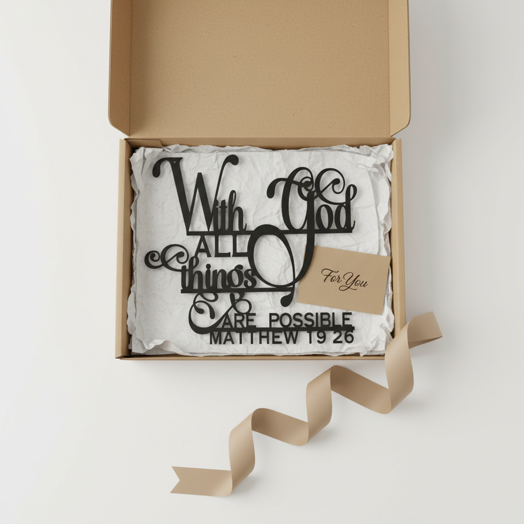 «Con Dios todo es posible» Cuadro metálico decorativo | Letrero con versículo bíblico de Mateo 19:26 | Elegante decoración cristiana para el hogar
