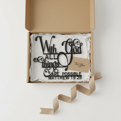 «Con Dios todo es posible» Cuadro metálico decorativo | Letrero con versículo bíblico de Mateo 19:26 | Elegante decoración cristiana para el hogar